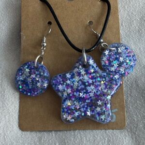 Star and Circle Glitter resin Necklace and Earrings Set